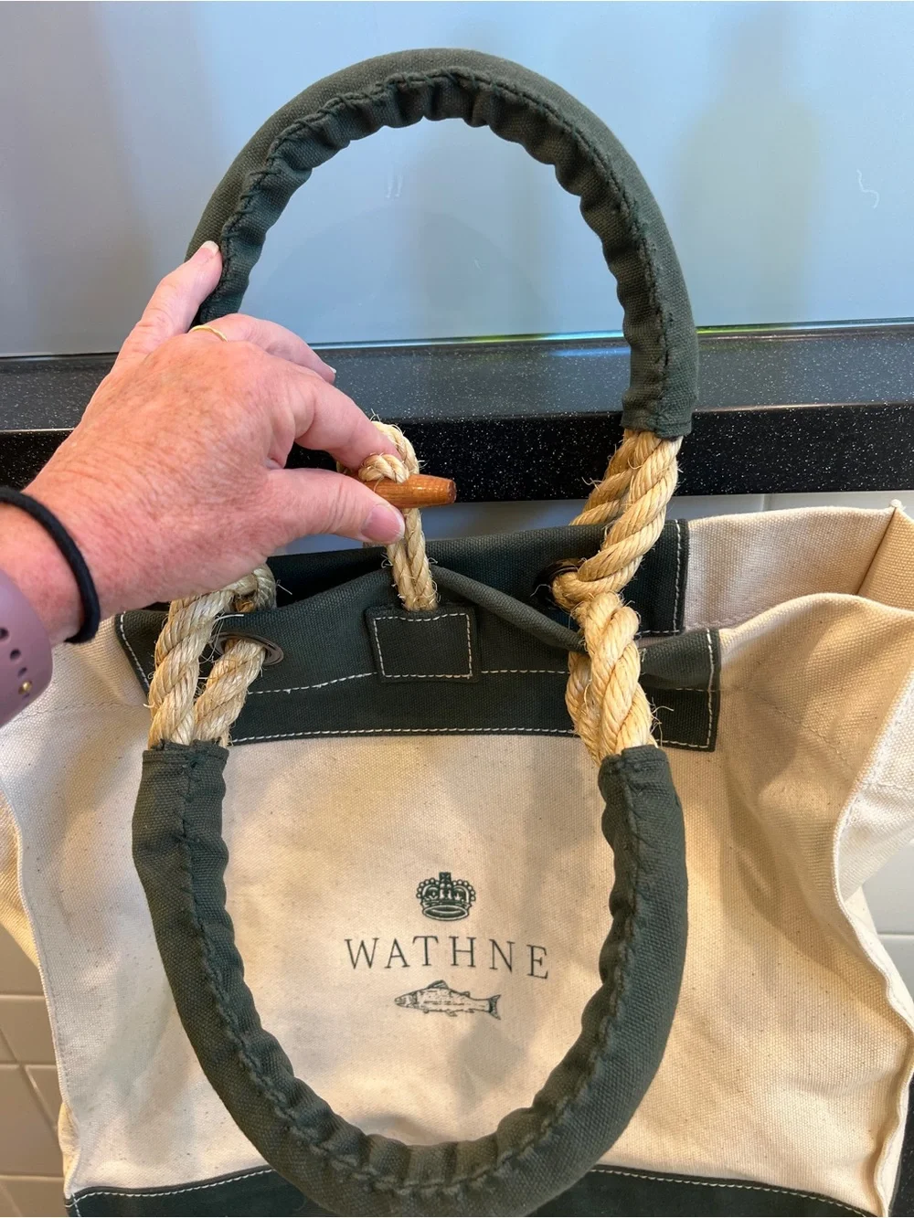 Wathne Cream and Dark Green Canvas Tote with Rope Handles